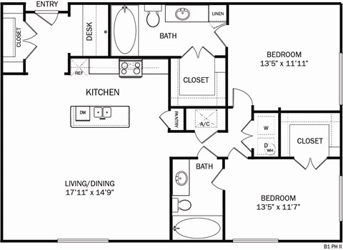 A floor plan of a home with a living/dining area, kitchen, and two bedrooms.